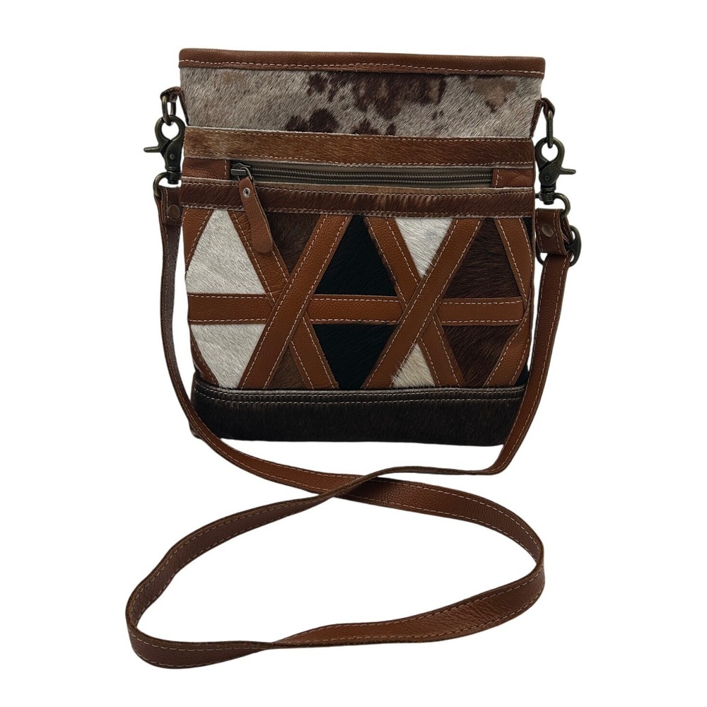 Myra Bag Leather Cowhide Crossbody Women Brown Geometric‎ Boho Artisan Purse